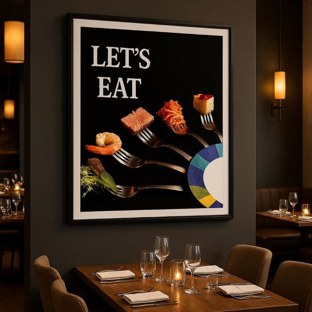 Arte moderno con tenedores culinarios para espacio (Modern “Let’s Eat” premium poster for home or business use  perfect for dining rooms, restaurants)