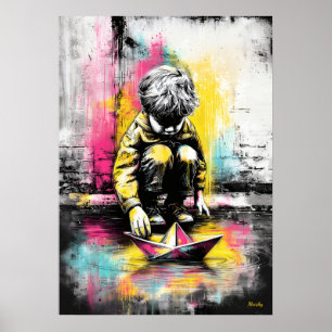 Arte moderno de barco de papel infantil urbano emo
