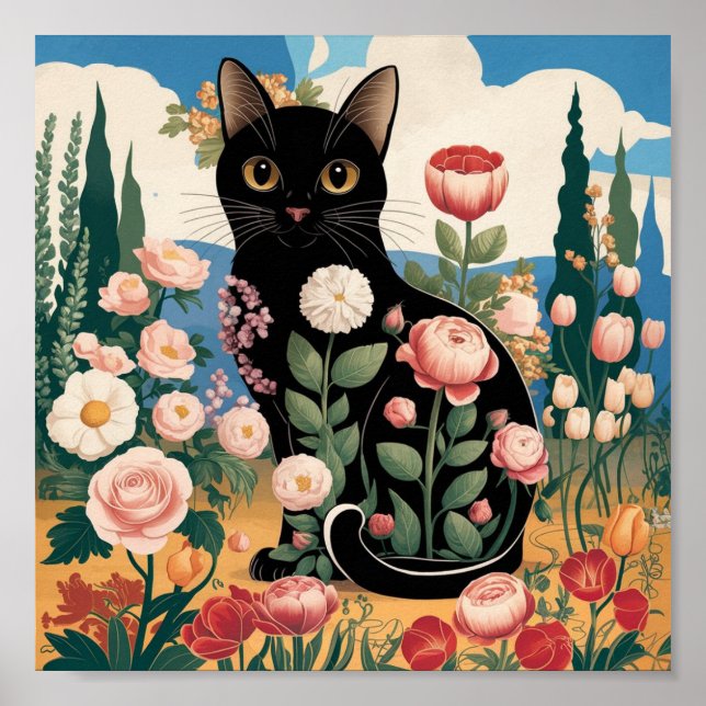 Arte moderno ecléctico de gato negro floral de Gus (Frente)