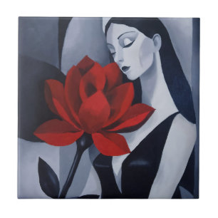 Arte moderno Mujer con rosa roja baldosa cerámica