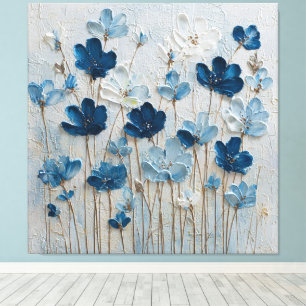 Arte mural abstracto de floración azul y blanca