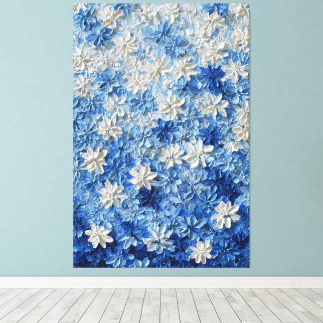 Arte mural abstracto floral azul y blanco (Insitu (piso de madera))