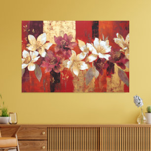 Arte mural abstracto floral borgoña dorado