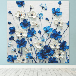 Arte mural abstracto floral de impasto azul y blan