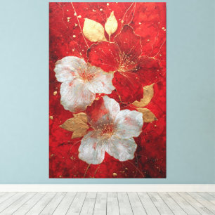 Arte mural abstracto floral dorado rojo y blanco