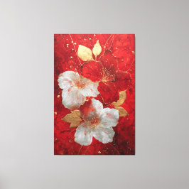 Arte mural abstracto floral dorado rojo y blanco