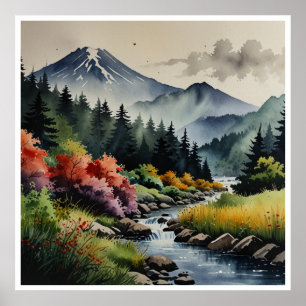 Arte mural acuarela de montañas japonesas