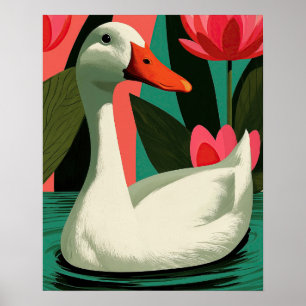 Arte mural botánico Estanque de Loto con Pato Blan