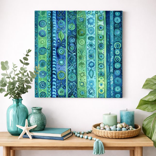 Arte mural de acuarela con franjas boho azul verde (Blue and green boho-inspired. wall art)