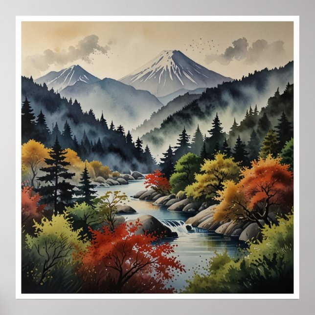 Arte mural de acuarela de montañas japonesas (Frente)