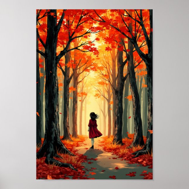 Arte mural de anime bosque otoñal luz dorada (Frente)