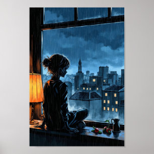 Arte mural de anime de lluvia acogedora en la vent