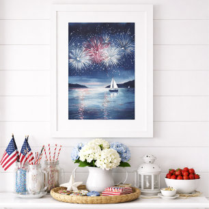 Arte mural de barco de vela de fuegos artificiales