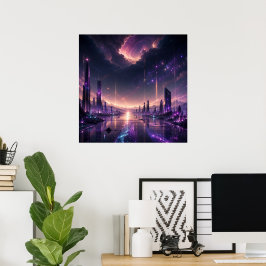 Arte mural de ciudad fantástica púrpura, ciencia f