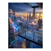 Arte mural de ciudad futurista al atardecer