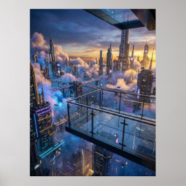 Arte mural de ciudad futurista al atardecer