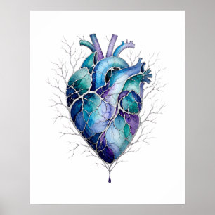 Arte mural de corazón anatómico azul y púrpura