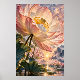 Arte mural de fantasía del loto rosa gigante en el