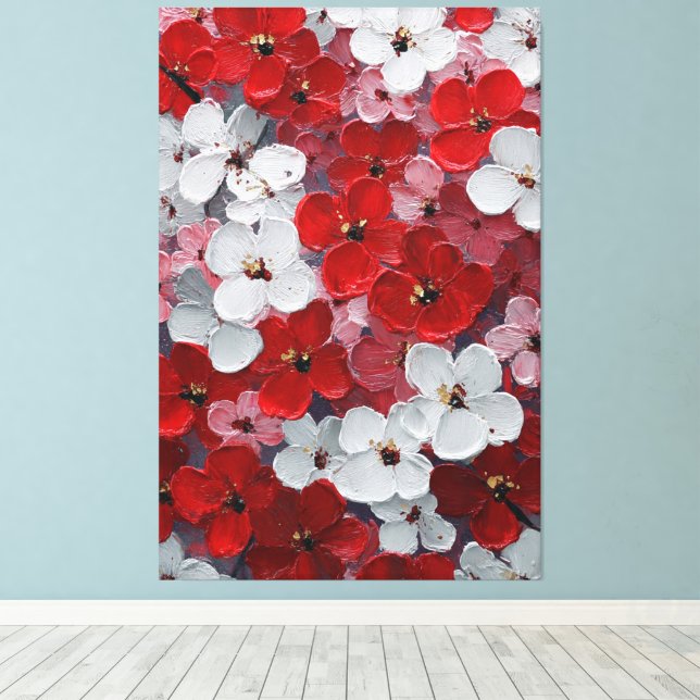 Arte mural de flores rojas y blancas con impasto (Insitu (piso de madera))