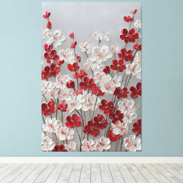 Arte mural de flores rojas y blancas con impasto (Insitu (piso de madera))