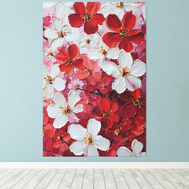 Arte mural de flores rojas y blancas con impasto (Insitu (piso de madera))