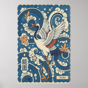 Arte mural de grulla japonesa, impresión tradicion