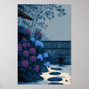 Arte mural de lluvia japonesa - Escena de jardín t