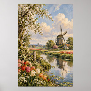 Arte mural de molino de viento y canal de tulipane