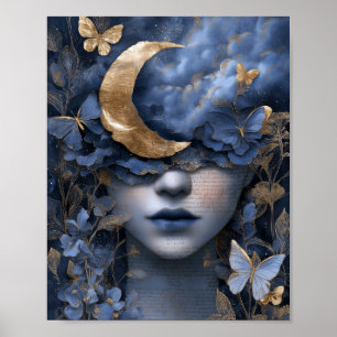 Arte mural de mujer luna surrealista fantasía azul