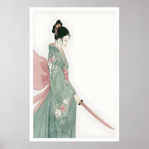 Arte mural de mujer samurái floral rosa y verde