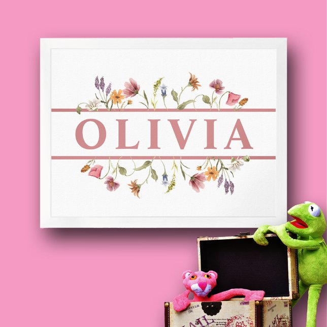 Arte mural de nombre de flor silvestre rosa de beb (Beautiful floral wall art name plaque for nursery or girl's bedroom.  Pretty in pink.)