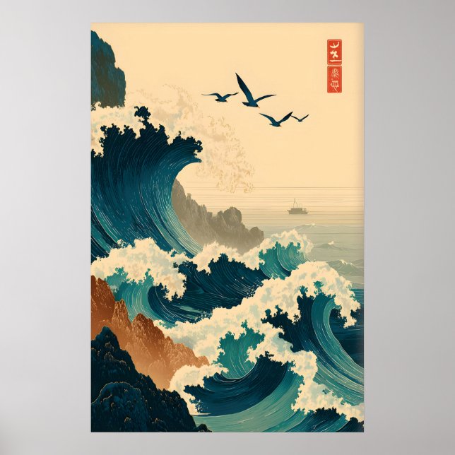 Arte mural de olas del océano estilo japonés vinta (Frente)
