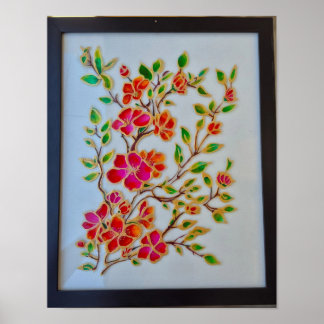Arte mural de pintura en vidrio floral naranja roj