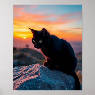 Arte mural de silueta de gato negro al atardecer