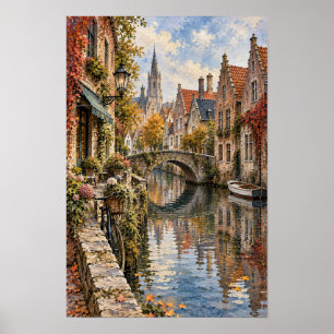 Arte mural del canal y puente de piedra de Brujas