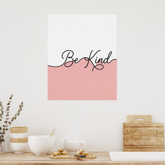 Arte mural en cursiva rosa y blanco Be Kind (Cocina)