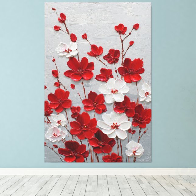 Arte mural en impasto de flores rojas y blancas (Insitu (piso de madera))