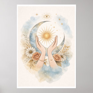 Arte mural estético de manos de sol y luna celesti