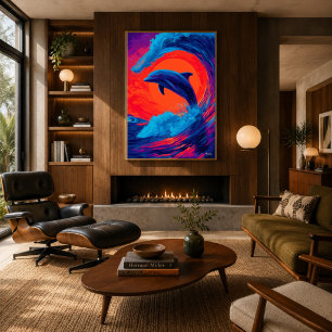 Arte mural expresionista de delfines con olas colo