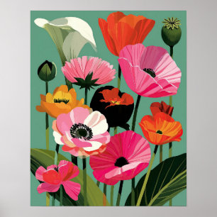 Arte mural floral amapola modernista de mediados d