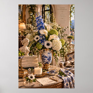 Arte mural floral de delfinium azul vintage