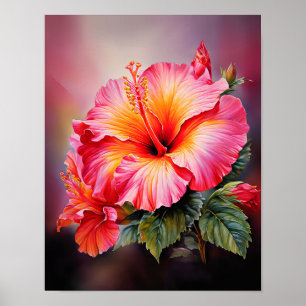 Arte mural floral tropical de hibisco rosa