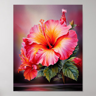 Arte mural floral tropical de hibisco rosa