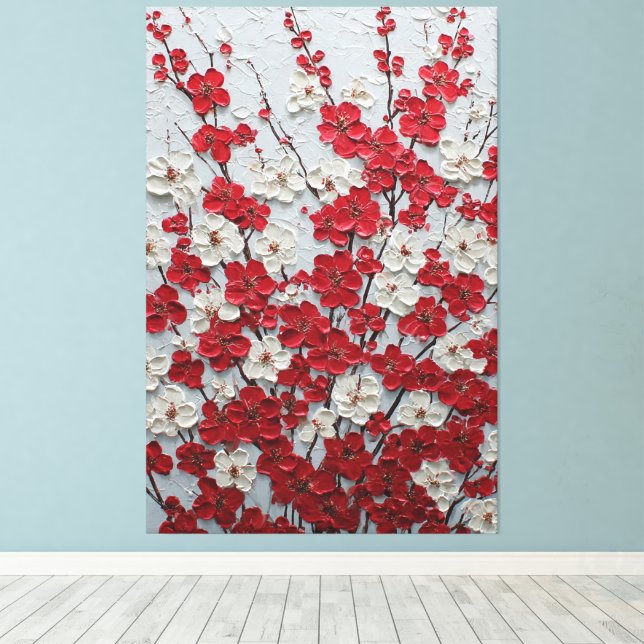 Arte mural impasto de flores rojas y blancas (Insitu (piso de madera))