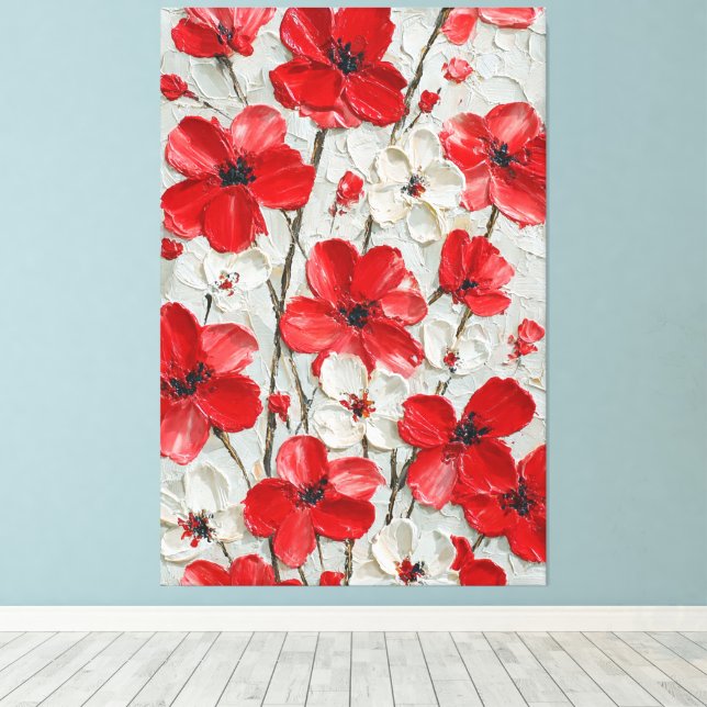 Arte mural impasto de flores rojas y blancas (Insitu (piso de madera))