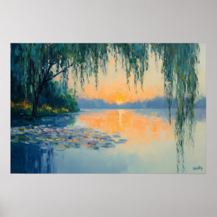 Arte mural impresionista de puesta de sol en lago 