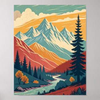 arte mural poster retro montañas colores vibrantes