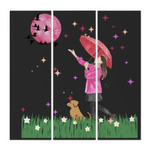 Arte mural tríptico mágico de acuarela rosa