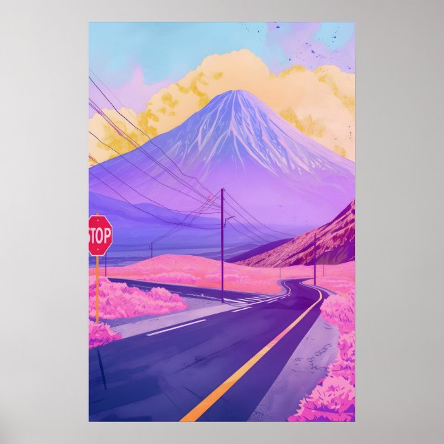 Arte mural vaporwave del Monte Fuji Synthwave Japó (Frente)