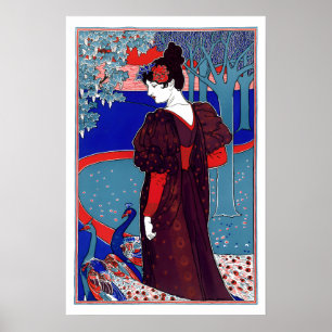Arte Nouveau de la Era Victoriana Mujer y Pavos Re